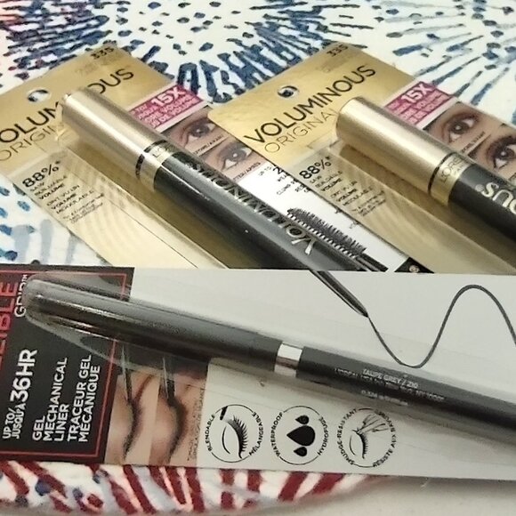 Beauty bundle 2 24hr Blk mascara, 1 36hr grey/taupe liner NWT, + extras - Picture 2 of 3